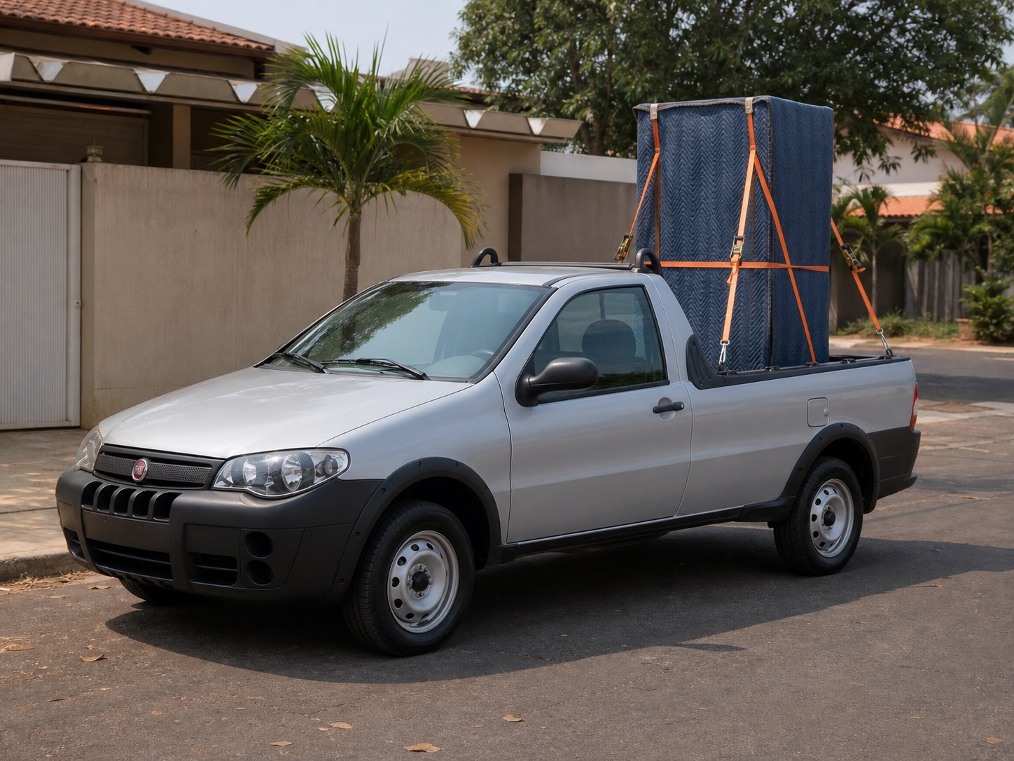 Fiat Strada com pequeno guarda-roupa preso na carroceria para frete em Maringá
